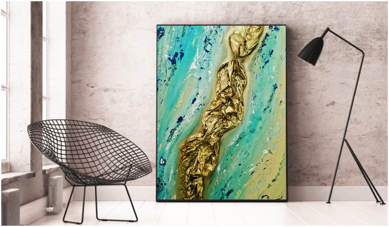 Acrylwerk „Vein of Gold“ in Türkis und Gold